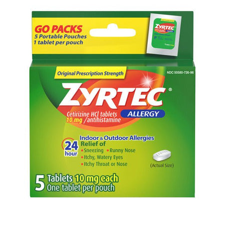 ZYRTEC 24 Hour Allergy Relief Tablets, Indoor & Outdoor Allergy Medicine with 10 mg Cetirizine HCl per Antihistamine Tablet, On - the - Go Relief, Individual Travel Pouches, 5 ct - Green Basket Marco Island