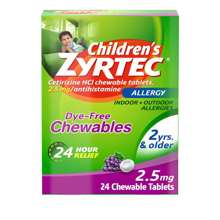 ZYRTEC Dye - Free Chewables for 24 Hour Allergy Relief, 2.5 mg Cetirizine HCl Antihistamine Tablets, Kids Allergy Medicine Relieves Sneezing & Itchy Nose & Throat, Grape, 24 ct - Green Basket Marco Island